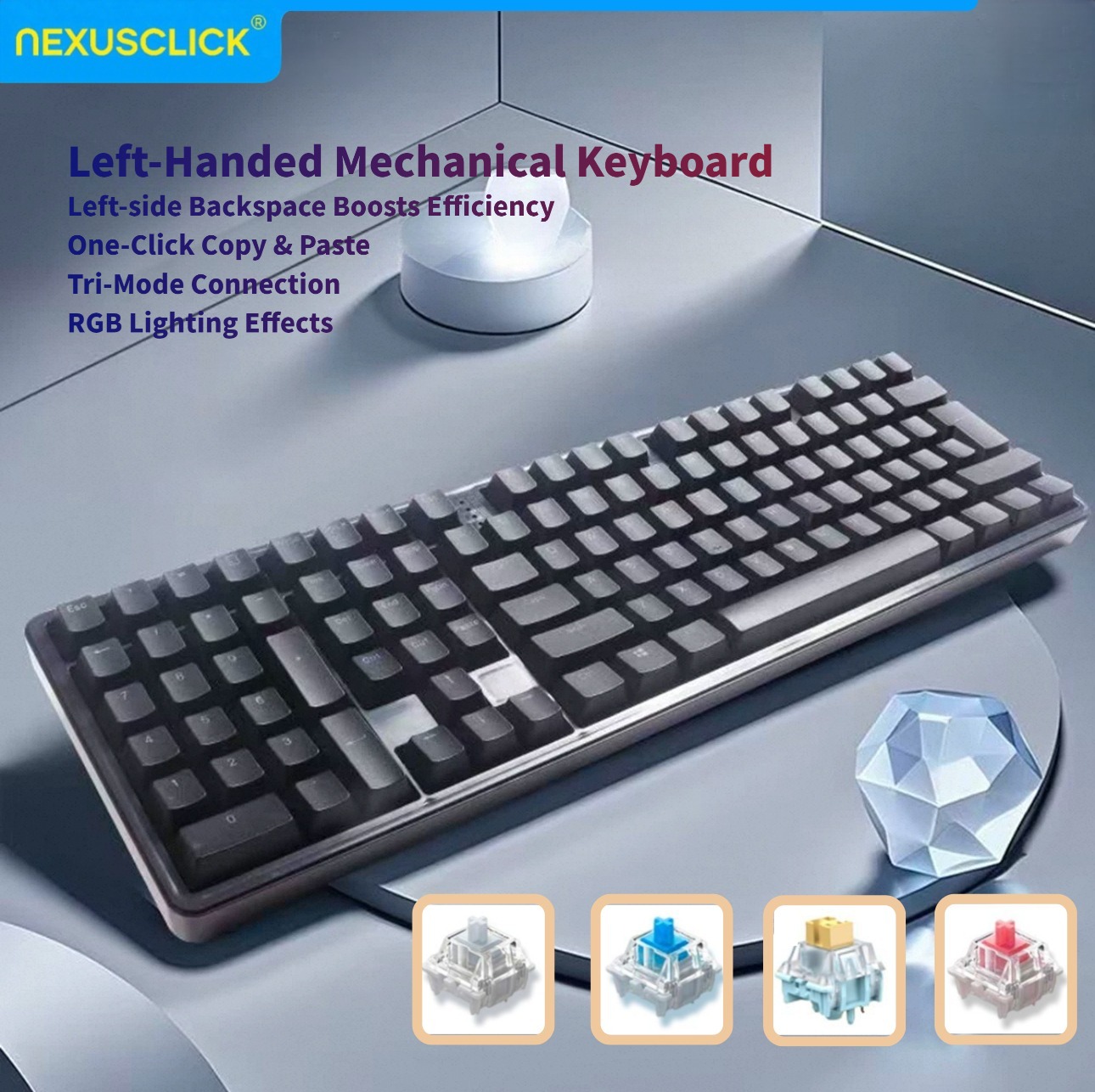 Gaming Keyboard No Number Pad - Teclado Mecánico Ergonómico NexusClick para Zurdos,